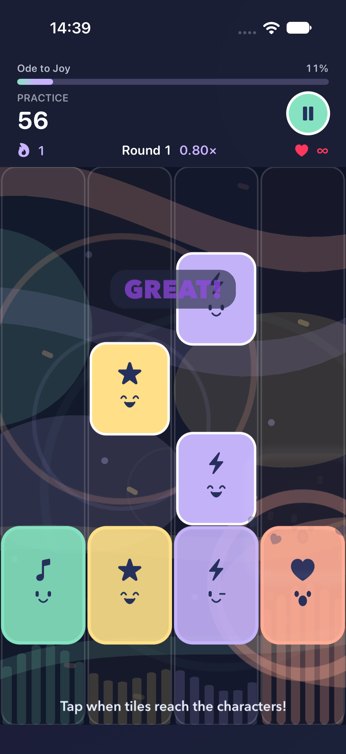 Tilephony Practice mode: smiling mint, yellow and purple tiles fall towards four colourful piano lanes.