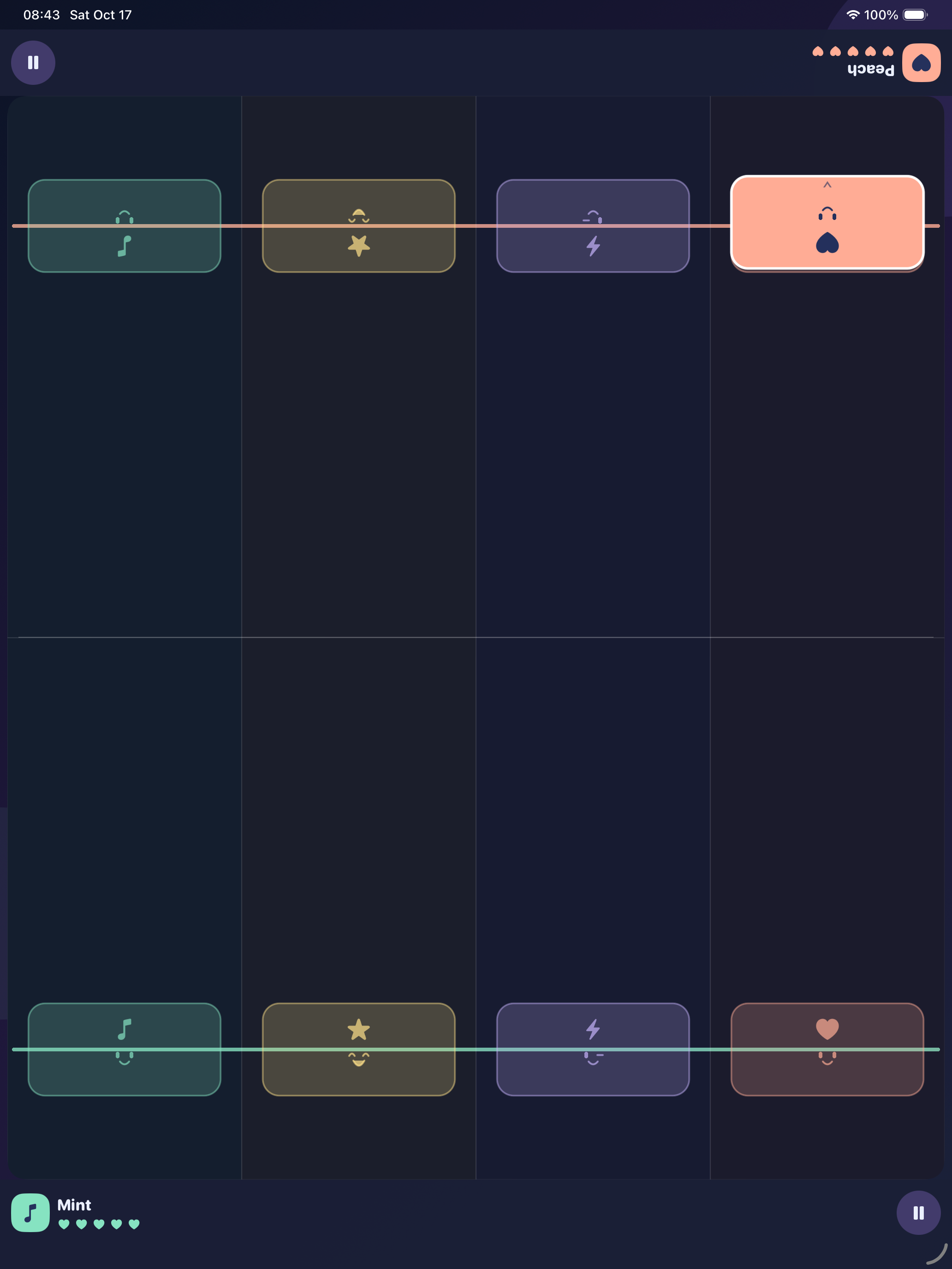Two-player Party mode, with mirrored music lanes at opposite ends of an iPad.